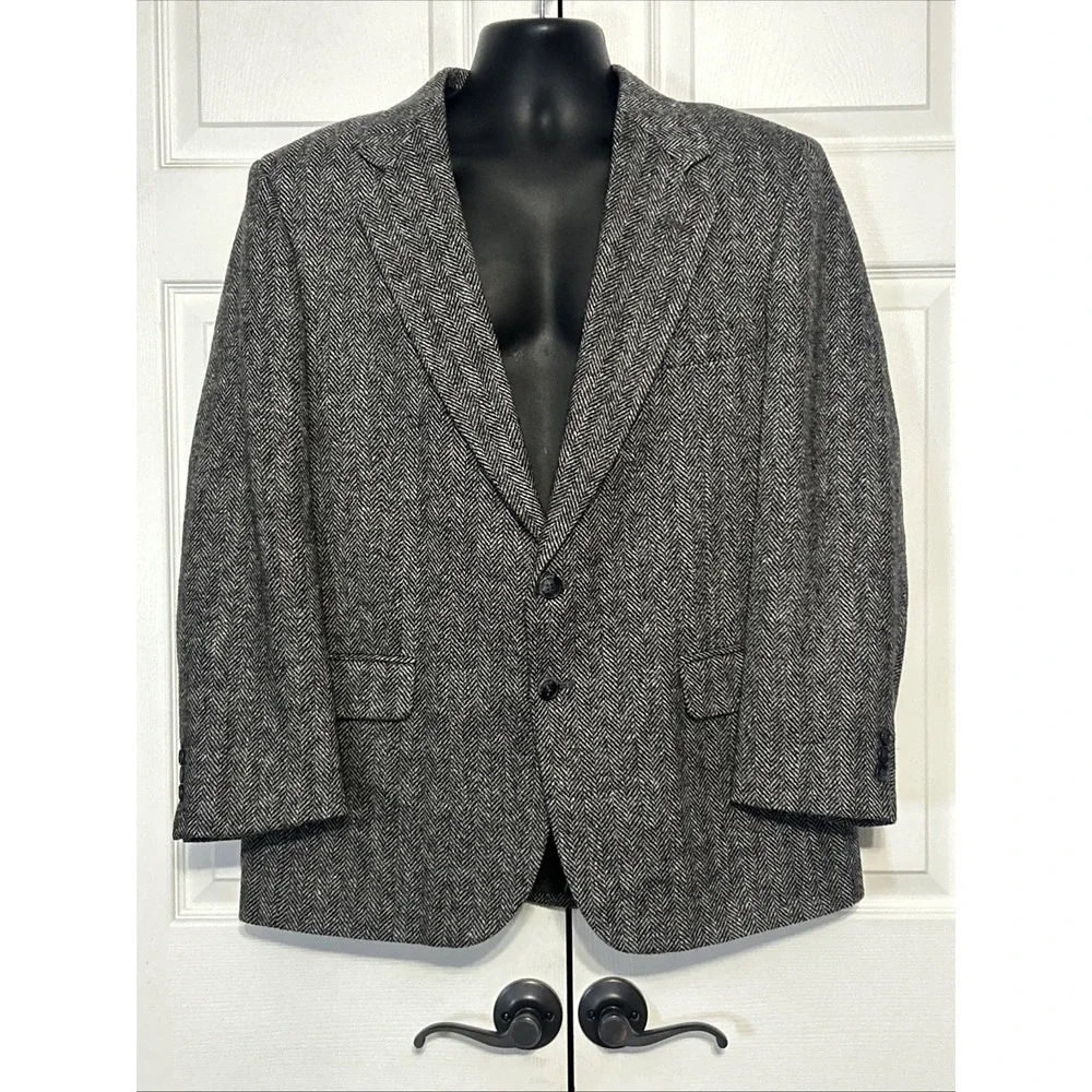 Vintage Towncraft 100% Shetland Wool Blazer Navy Herringbone Tweed Men's 42S‎